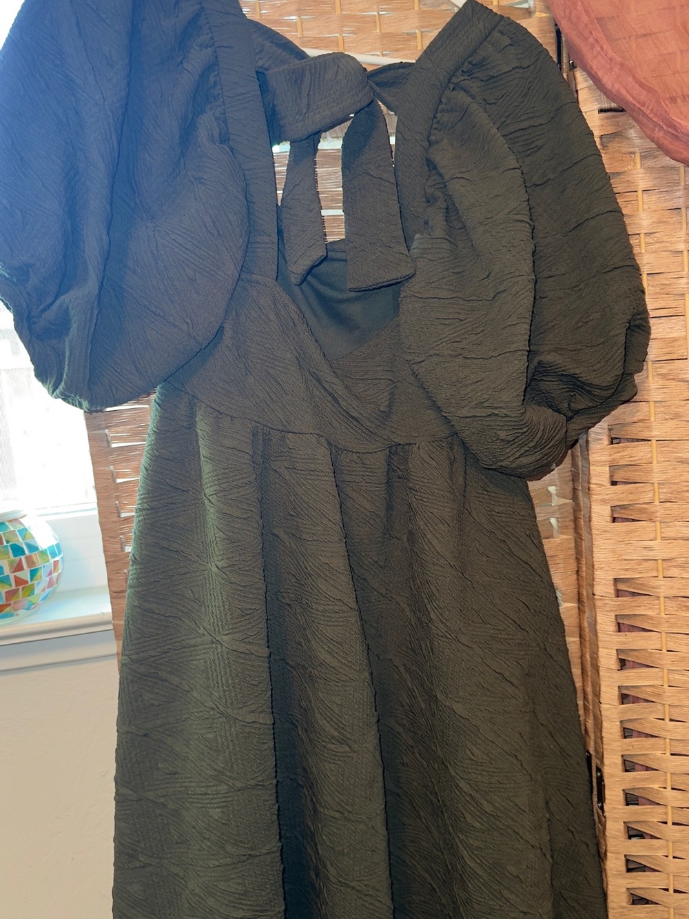Free People Olive Green Textured Puff-Sleeve Mini Dress - Picture 3 of 4